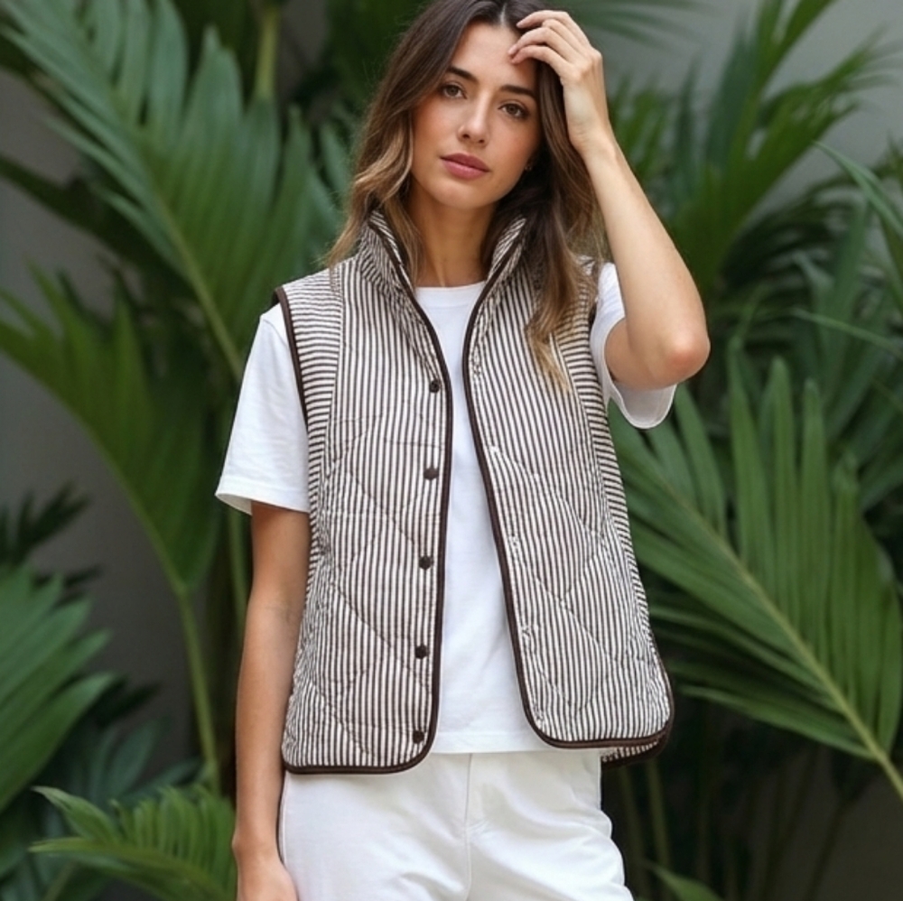 99 Disco Striped Quilted Contrast Trim Button Vest